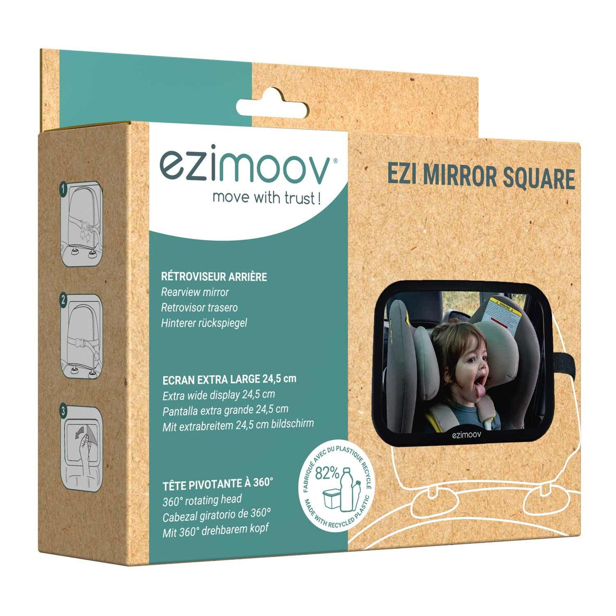 6. Front view of Ezimoov EZI MIRROR SQUARE packaging highlighting eco-friendly materials and features