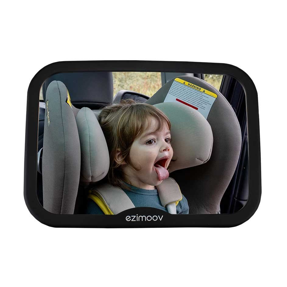 1. Child in car seat visible through Ezimoov EZI MIRROR SQUARE, showcasing mirror's clarity and adjustability