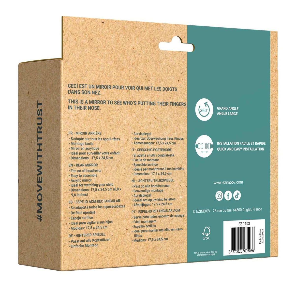 7. Back of Ezimoov EZI MIRROR SQUARE packaging with product details and eco-friendly information