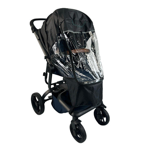 1. Universal stroller rain cover by Ezimoov on black stroller with clear micro-perforated windows for ventilation