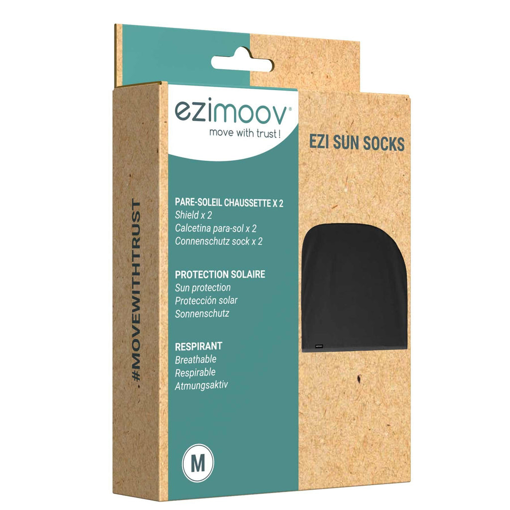 4. Ezimoov EZI SUN SOCKS packaging showing product image and features in various languages