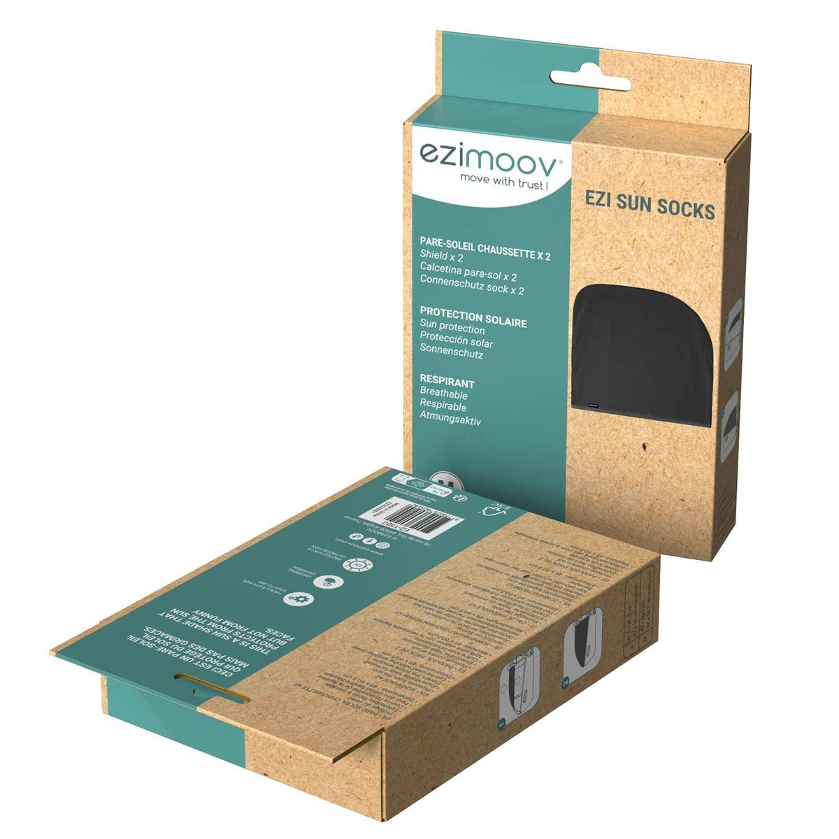 4. Open packaging of Ezimoov EZI SUN SOCKS showing product and features