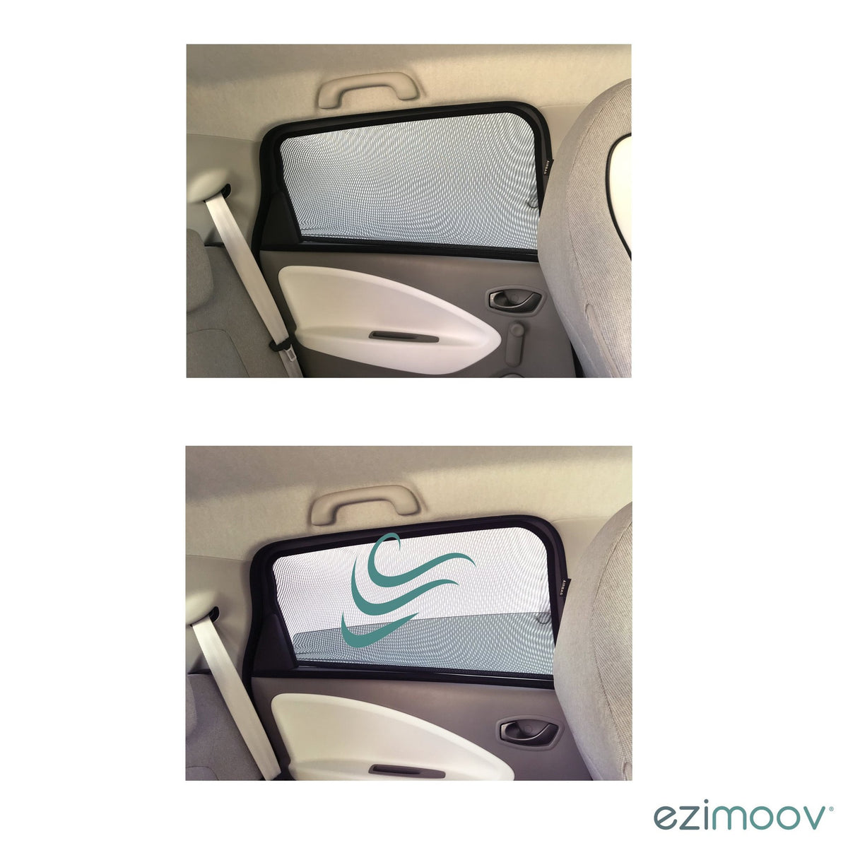 5. Size chart showing Ezimoov EZI SUN SOCKS on car windows with logo