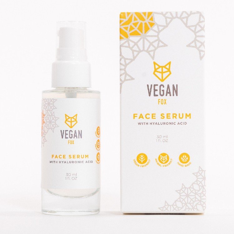 6. Vegan Fox Face Serum with Hyaluronic Acid, 30 ml, bottle and box, studio shot