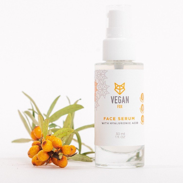3. Vegan Fox Face Serum with Hyaluronic Acid, 30 ml, with sea buckthorn branch, studio setting