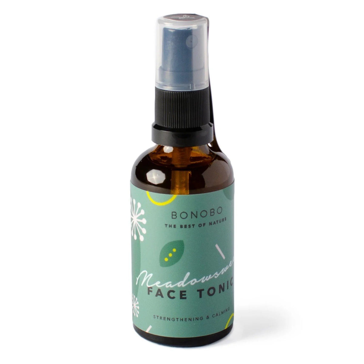 1. Bonobo Meadowsweet Face Tonic in amber spray bottle with green label featuring floral design, shown on white background