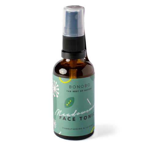 1. Bonobo Meadowsweet Face Tonic in amber spray bottle with green label featuring floral design, shown on white background