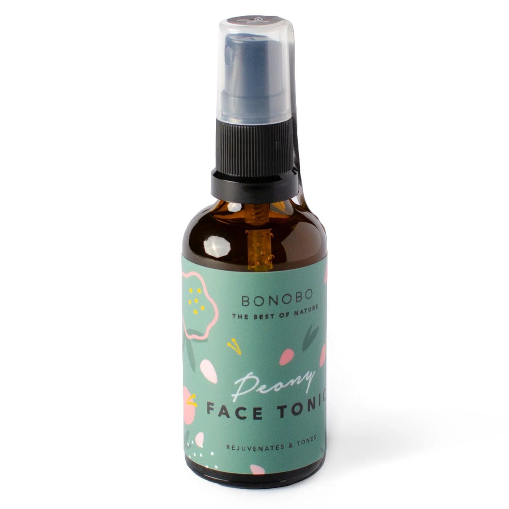 2. BONOBO Peony Face Tonic in amber spray bottle with floral label, shown on white background