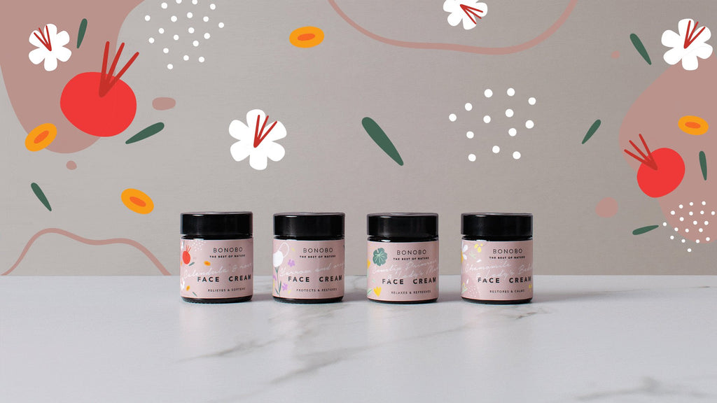 4. BONOBO face cream collection with colorful background, highlighting product variety