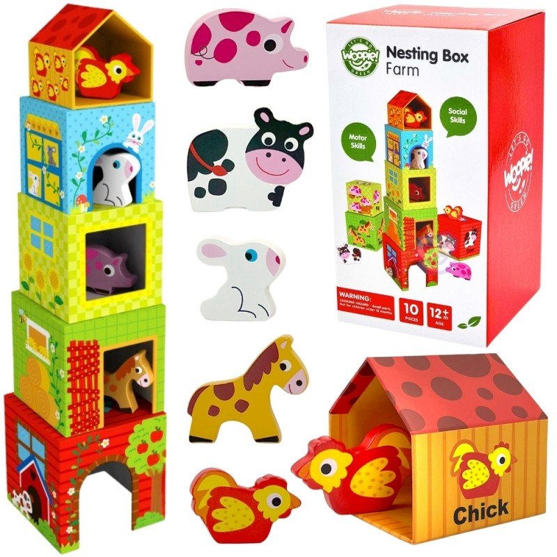 12. Farm-themed cube puzzle with animal figurines and packaging box