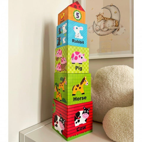 3. Stacked cubes with animal illustrations and English names on a white shelf