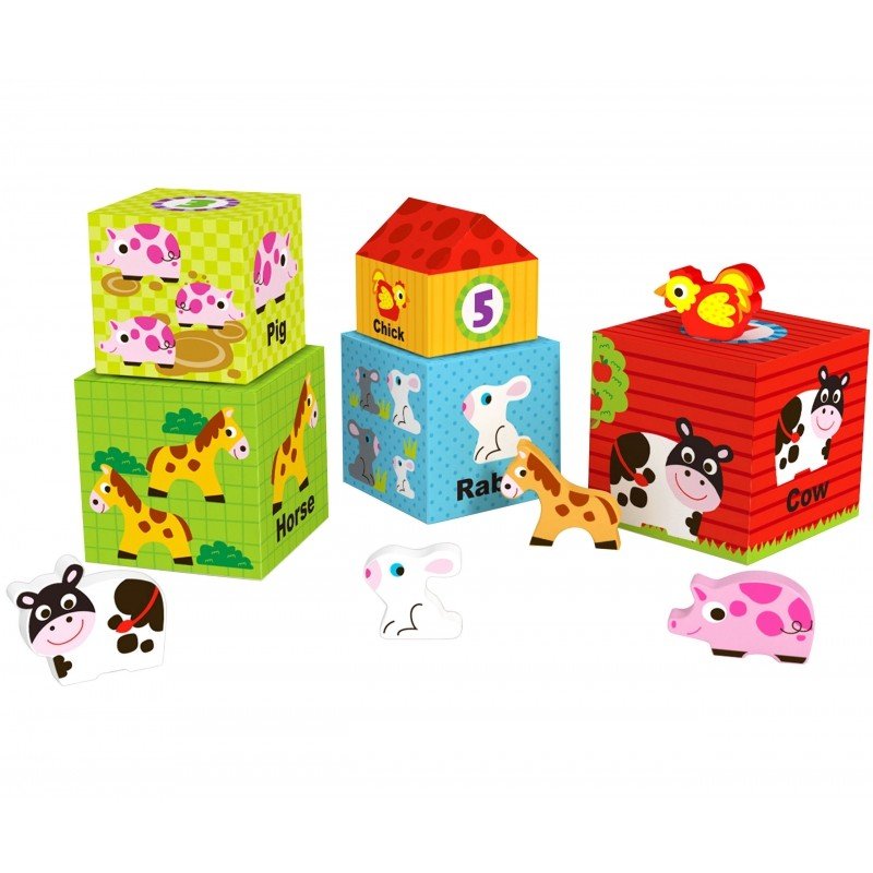 15. Colorful farm-themed cubes and animal figurines arranged on a white background