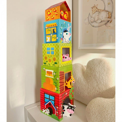 4. Stacked colorful cubes with animal illustrations and numbers on a white shelf