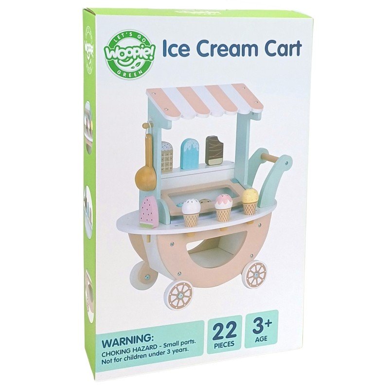 2. Packaging of Woopie Let's Go Green wooden ice cream cart with pastel colors and 22 pieces