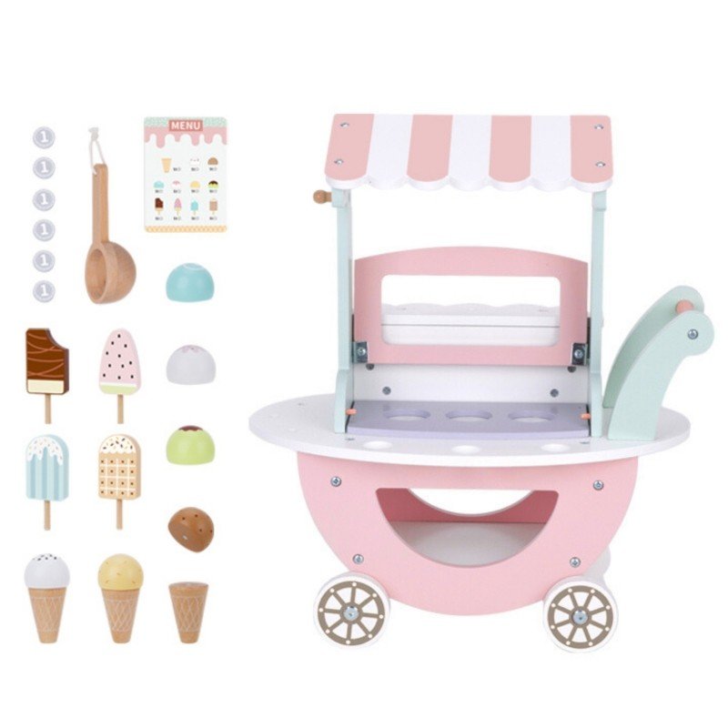 4. Flat lay of pastel wooden ice cream cart with accessories including cones and popsicles