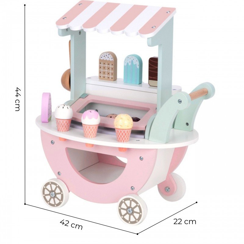 4. Flat lay of pastel wooden ice cream cart with dimensions 44x42x22 cm