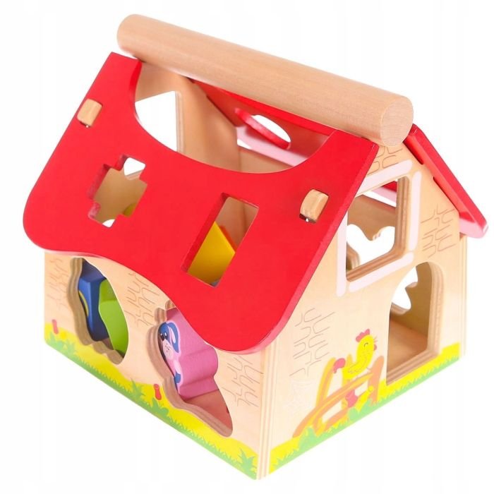 1. Wooden farmhouse shape sorter with red roof and animal shapes for children, featuring colorful animal cutouts and a natural wood finish