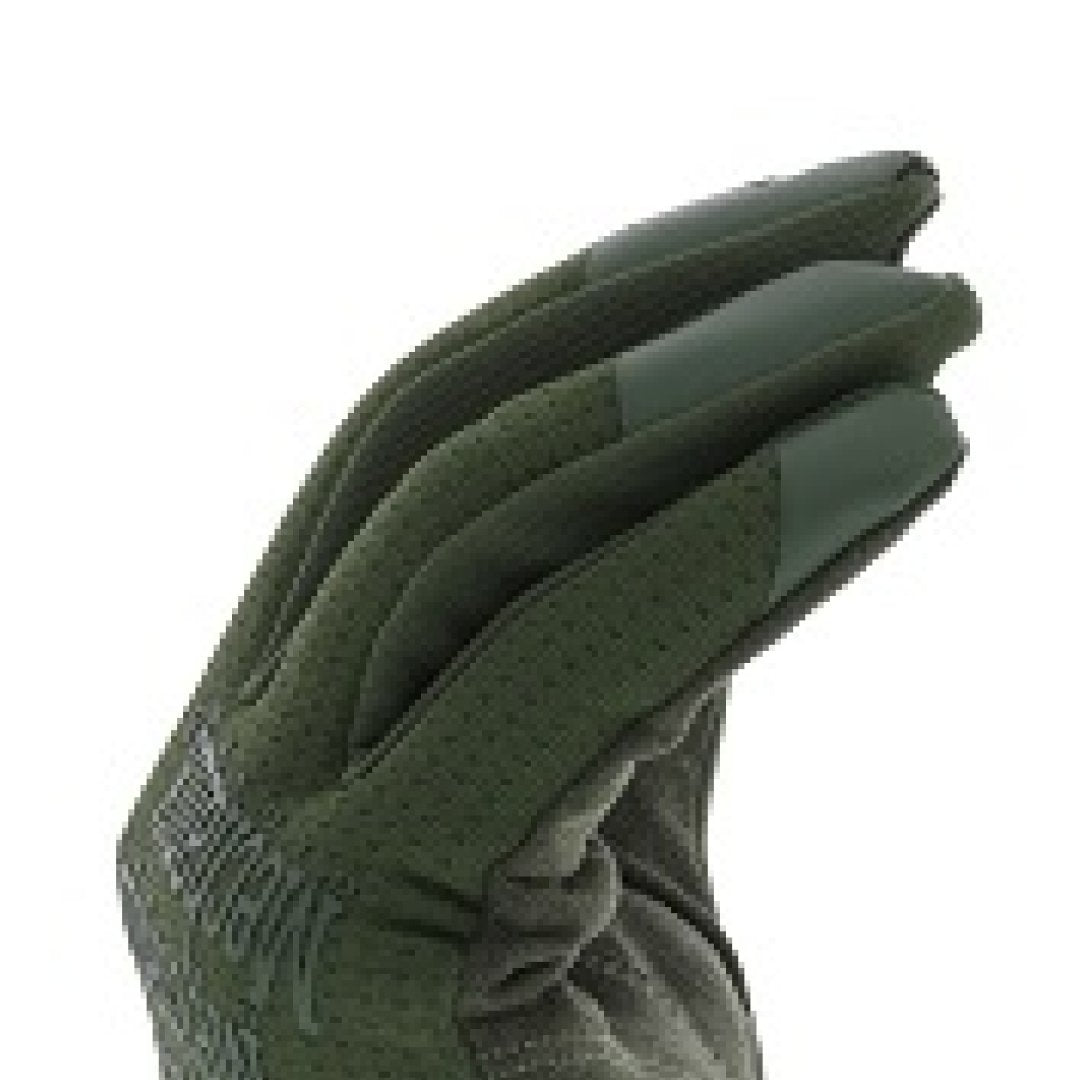 3. Close-up of military green Mechanix FastFit glove showing finger detail and breathable TrekDry material
