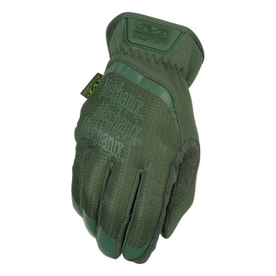 1. Military green Mechanix FastFit glove with logo on backhand, featuring breathable TrekDry material and elastic cuff