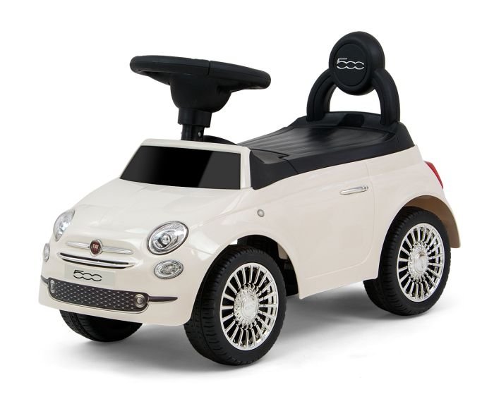 1. Angled view of white Milly Mally ride-on Fiat 500 for kids with black seat and steering wheel