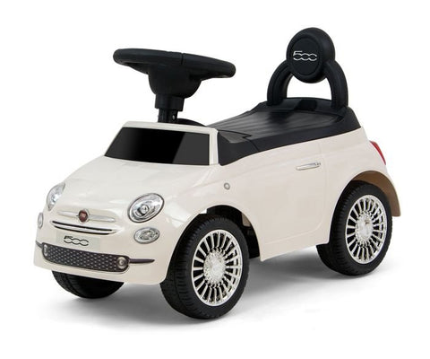 1. Angled view of white Milly Mally ride-on Fiat 500 for kids with black seat and steering wheel