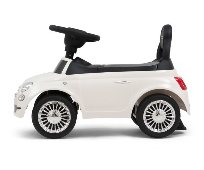 1. Side view of white Milly Mally ride-on Fiat 500 for kids with black seat and steering wheel