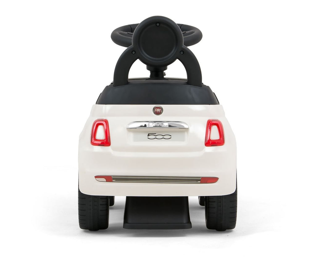 2. Rear view of white Milly Mally ride-on Fiat 500 for kids with visible Fiat logo and black steering wheel