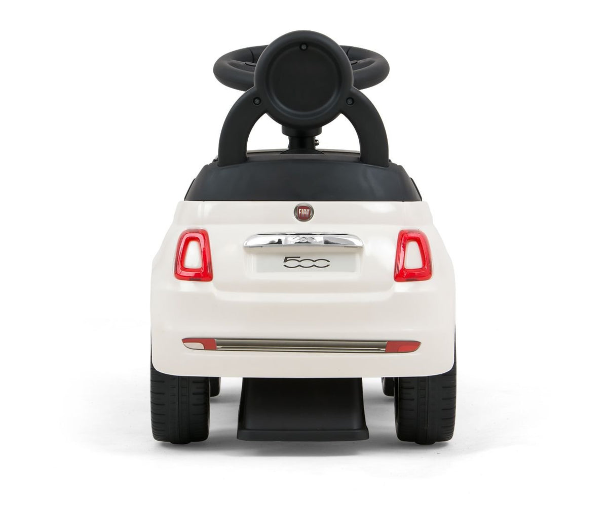 2. Rear view of white Milly Mally ride-on Fiat 500 for kids with visible Fiat logo and black steering wheel
