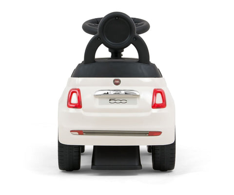2. Rear view of white Milly Mally ride-on Fiat 500 for kids with visible Fiat logo and black steering wheel