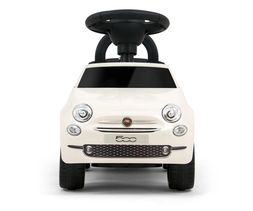 2. Front view of white Milly Mally ride-on Fiat 500 for kids with Fiat logo and black steering wheel