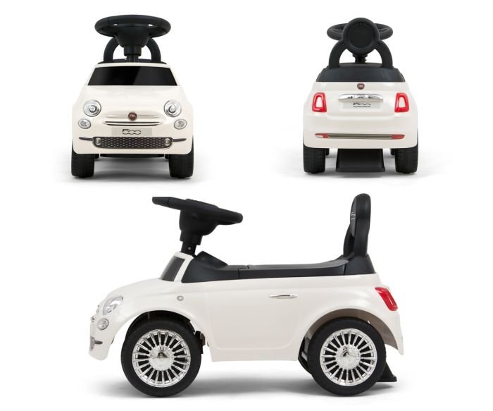 4. Multiple views of white Milly Mally ride-on Fiat 500 for kids showing front, rear, and side angles
