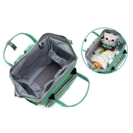 5. Interior view of mint green Fillikid diaper backpack with baby items inside