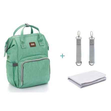6. Mint green Fillikid diaper backpack with changing pad and stroller straps on a white background