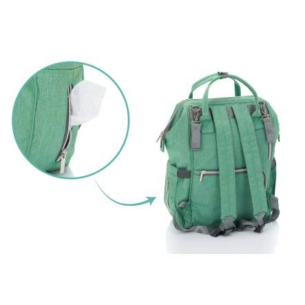 9. Back view of mint green Fillikid diaper backpack with tissue pocket and adjustable straps