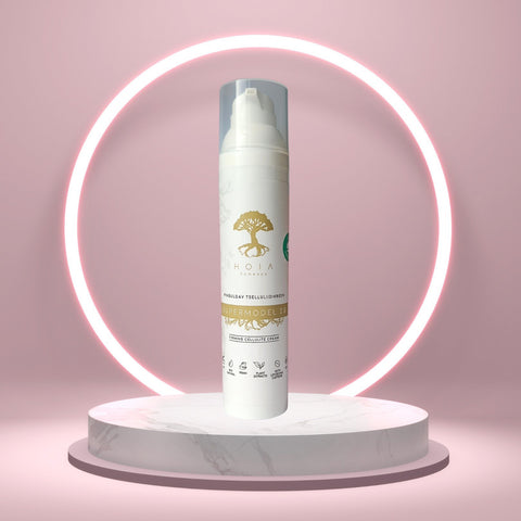 1. HOIA homespa Firming Cellulite Cream Supermodel 2.0 bottle on marble pedestal with pink neon circle background
