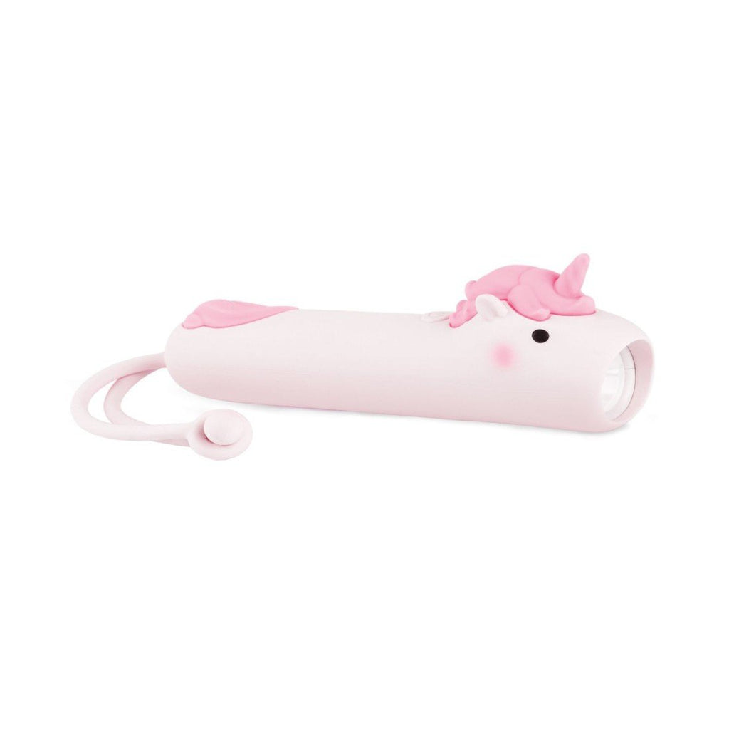 2. Unicorn-shaped pink and white silicone flashlight with hanger, shown on a white background