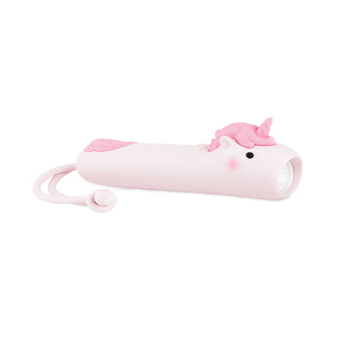 2. Unicorn-shaped pink and white silicone flashlight with hanger, shown on a white background