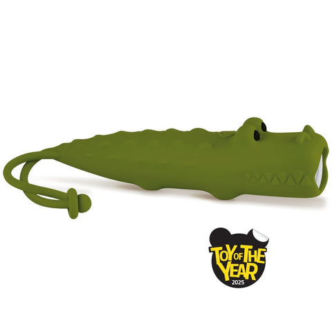 2. Green crocodile-shaped silicone flashlight with hanger, featuring Toy of the Year 2025 badge
