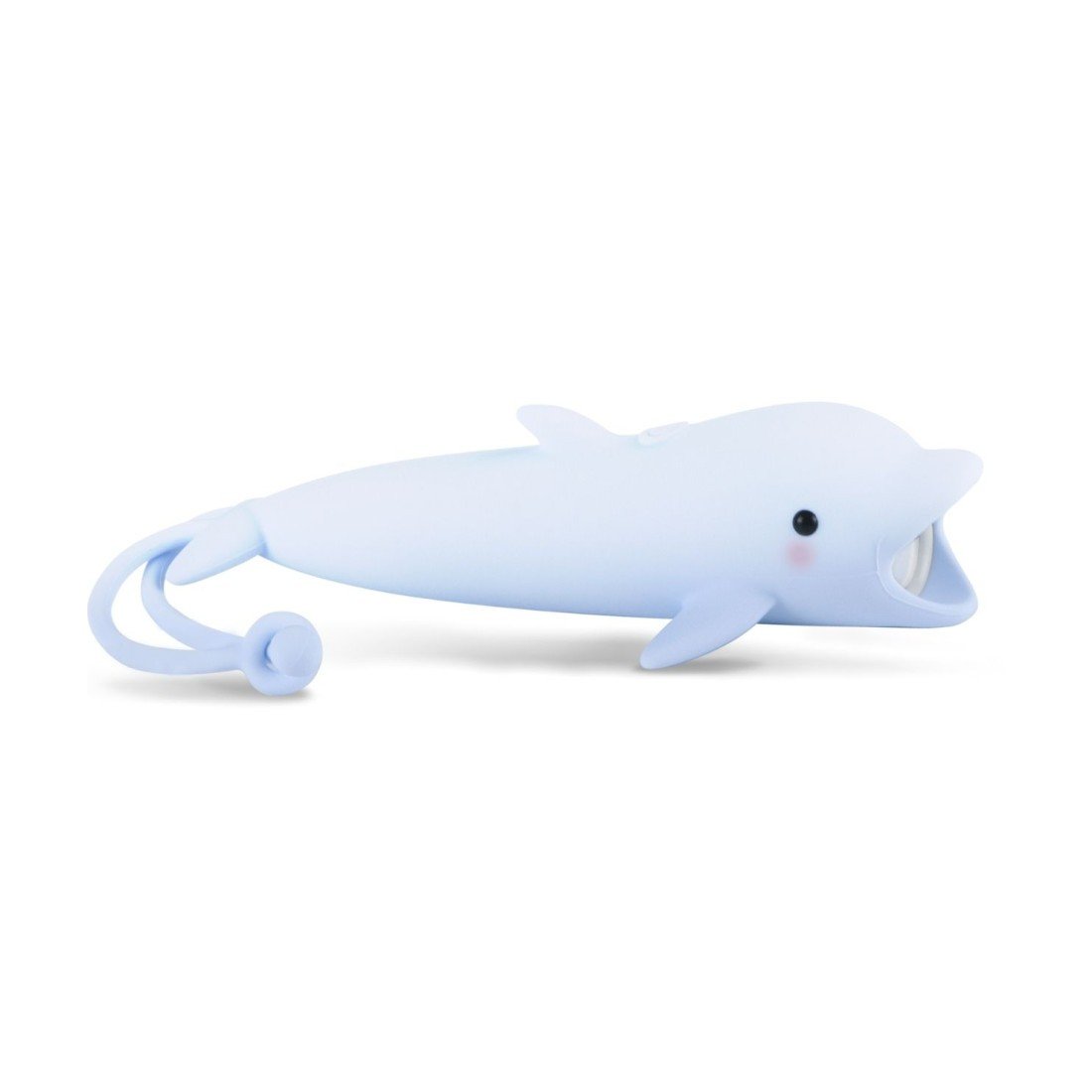 2. Dolphin-shaped kids' flashlight in soft blue silicone with a curled tail, shown on a white background