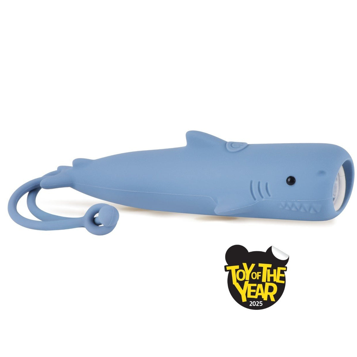 2. Blue shark-shaped silicone flashlight with USB-C charging and hanger, awarded Toy of the Year 2025
