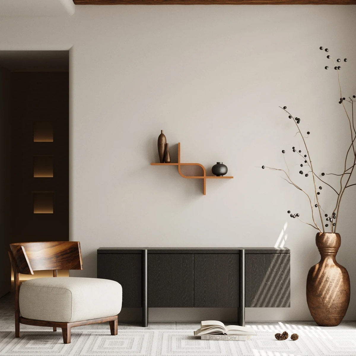 7. Wooden floating shelf mounted on wall in modern living room with chair and large vase