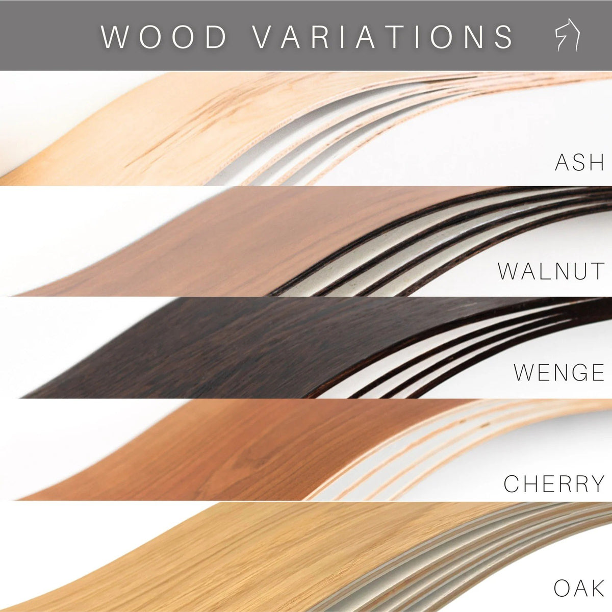 8. Wood variations chart showing ash, walnut, wenge, cherry, and oak finishes