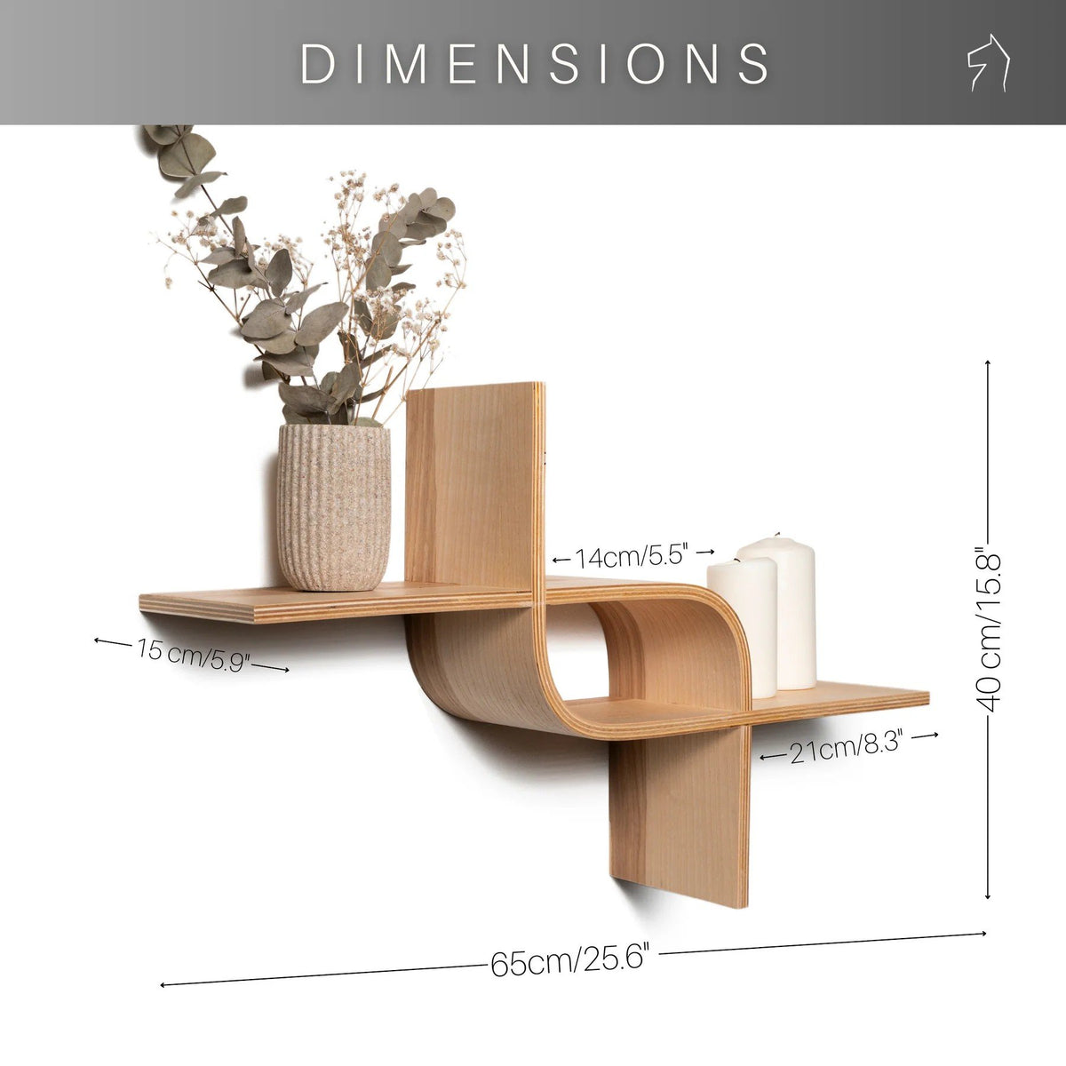 9. Dimensions of wooden floating shelf with vase and candles, showing measurements in centimeters and inches