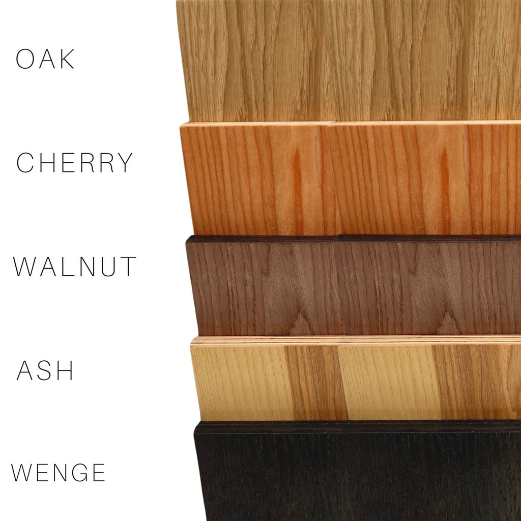 4. Flat lay of wood veneer options for floating shelf including oak, cherry, walnut, ash, and wenge
