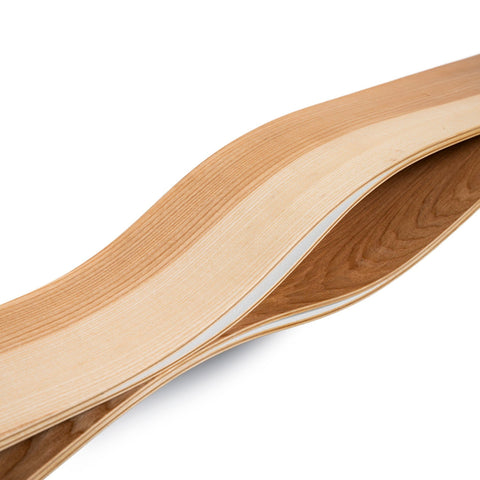 3. Detail of curved birch plywood floating shelf showing natural wood grain and veneer layers