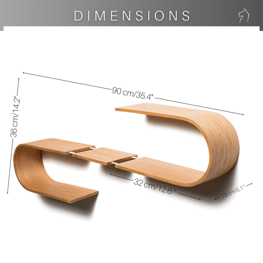 5. Dimensions of wave-shaped floating wooden wall shelf, 90 x 36 x 13 cm, made from Baltic birch plywood, shown on a white background.
