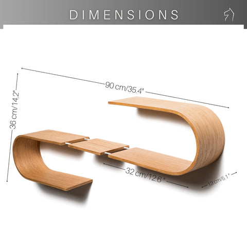 5. Dimensions of wave-shaped floating wooden wall shelf, 90 x 36 x 13 cm, made from Baltic birch plywood, shown on a white background.