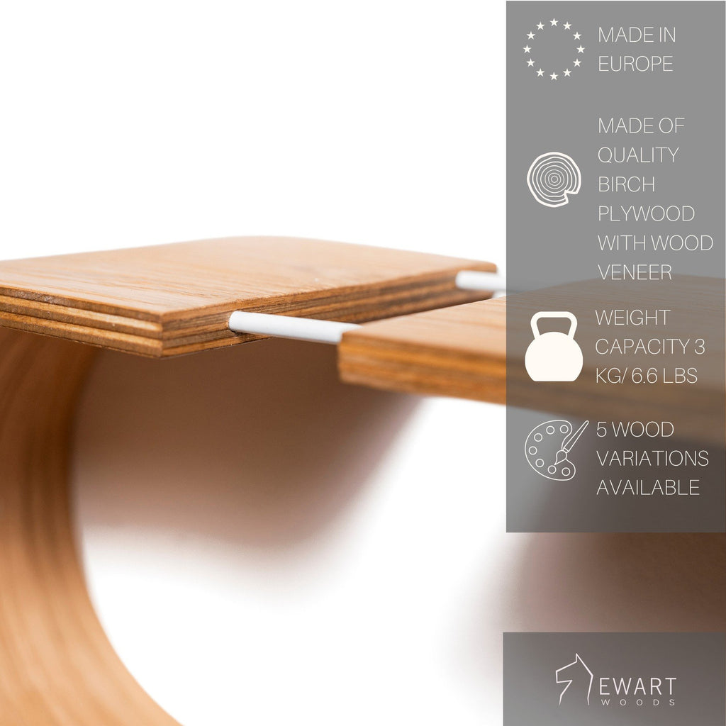 3. Close-up of wooden shelf with product details, emphasizing material and weight capacity