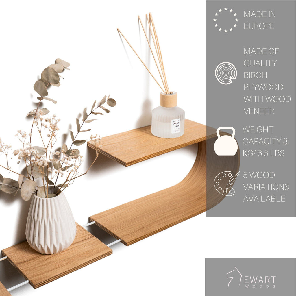 4. Flat lay of wooden wall shelf with decor items, highlighting design and material