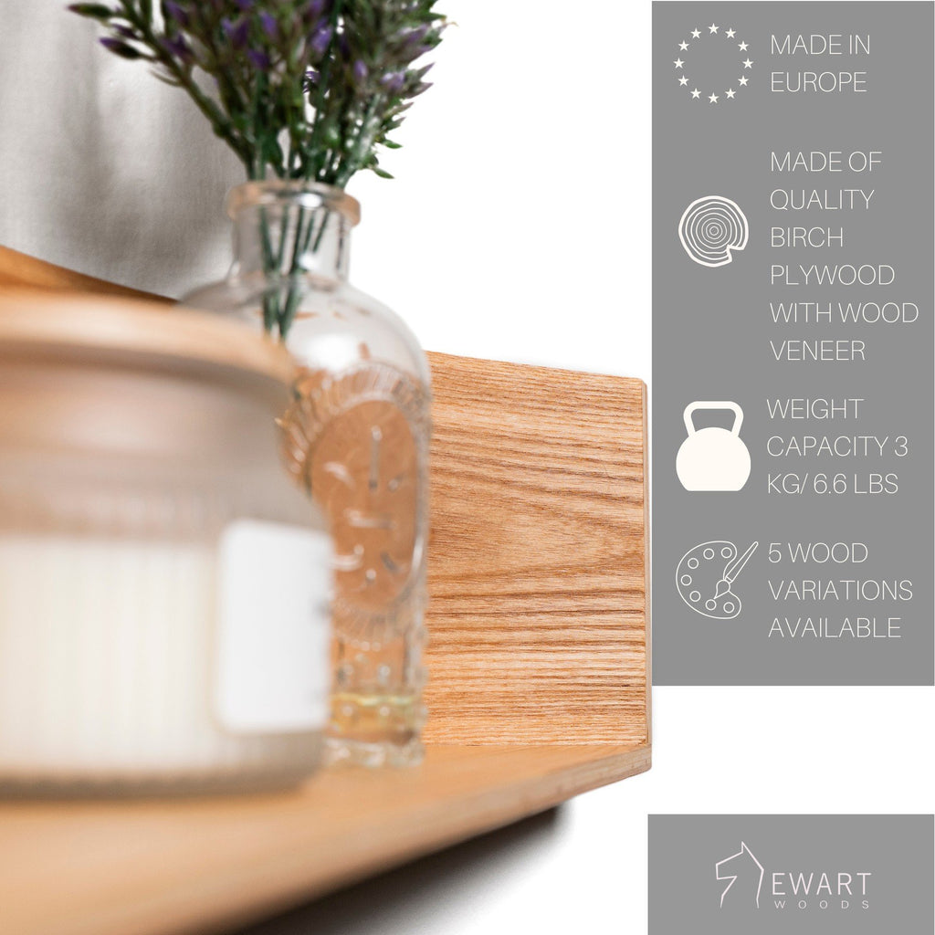 3. Close-up of floating wooden wall shelf with lavender vase and candle, highlighting birch plywood texture